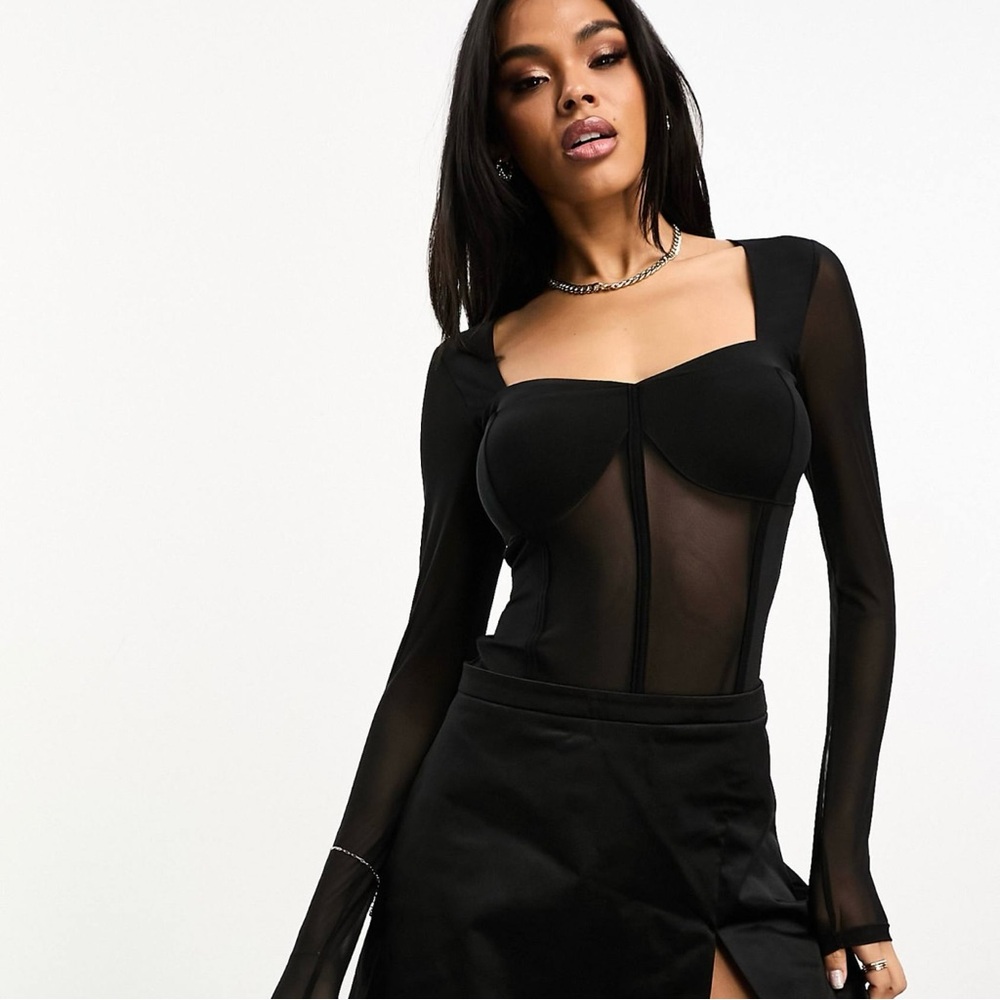 Black Mesh Mix Bodysuit with Corset Seams